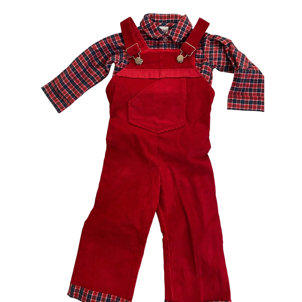 Thomas Corduroy Overalls Set Boys 2 Red Plaid Vintage Preppy 2 piece Outfit